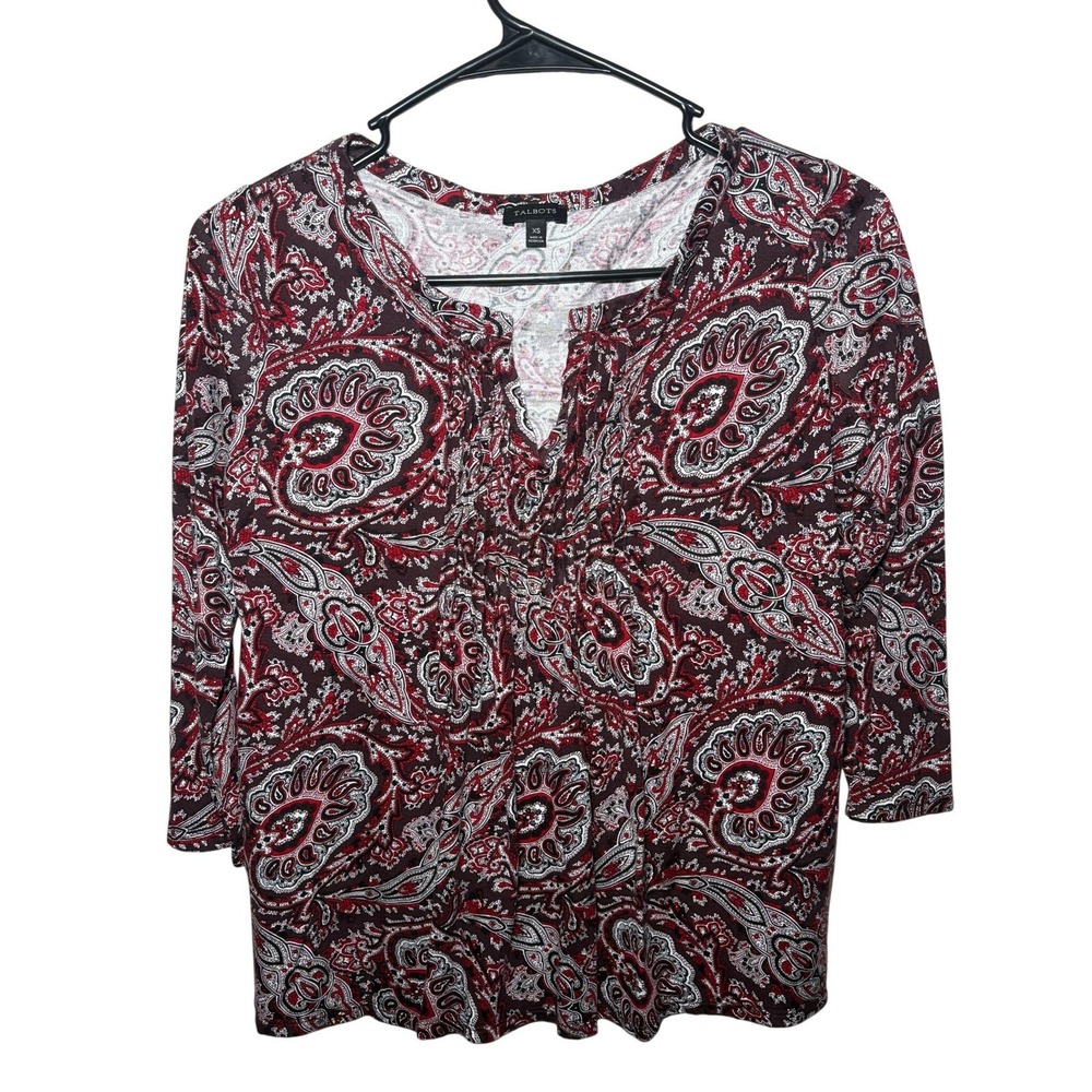 Talbots Boho Womens XS Paisley Pintuck Split Neck Burgundy Red Rayon